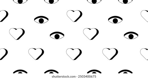 Y2k seamless pattern with hearts and eyes. Psychedelic black and white pattern in 2000s style. Vector illustration on white background.