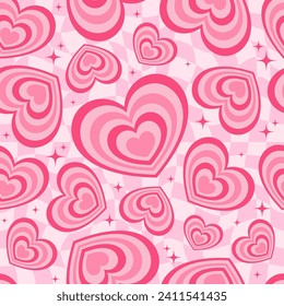 Y2k seamless pattern with hearts. Retro abstract groovy background. Pink funky vector wallpaper for Valentine day. Girly lovely checkered vintage design 2000s and 90s.