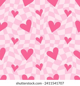 Y2k seamless pattern with hearts. Retro abstract groovy background. Pink funky vector wallpaper for Valentine day. Girly lovely checkered vintage design 2000s and 90s.