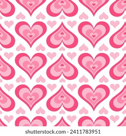 Y2k seamless pattern with hearts. Retro abstract groovy background. Pink funky vector wallpaper for Valentine day. Girly lovely vintage design 2000s and 90s.