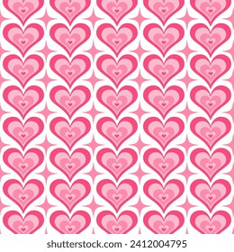Y2k seamless pattern with hearts. Retro abstract groovy background. Pink funky vector wallpaper for Valentine day. Girly lovely vintage design 2000s and 90s.