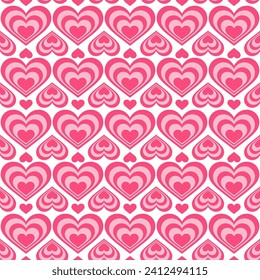 Y2k seamless pattern with hearts. Retro abstract groovy background. Pink funky vector wallpaper for Valentine day. Girly lovely vintage design 2000s and 90s.