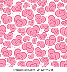 Y2k seamless pattern with hearts. Retro abstract groovy background. Pink funky vector wallpaper for Valentine day. Girly lovely vintage design 2000s and 90s.