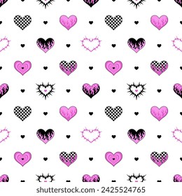 Y2k seamless pattern with hearts. Vector background. Black and pink. Fabric, textile print.