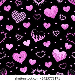 Y2k seamless pattern with hearts. Vector background. Black and pink. Fabric, textile print.