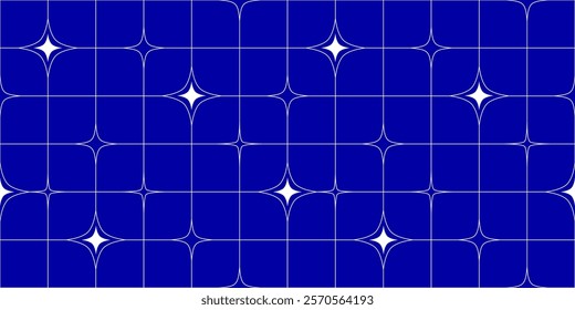 Y2K Seamless Pattern with Lines and Sparkling Stars on a Blue Background. An Abstract Simple Graphic with a Grid and Geometric Elements. A Vector Magic Galaxy Background