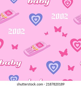 Y2k Seamless Pattern. Old Phone, 2000s, Hearts, Butterfly. Vector