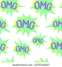 Y2K seamless pattern with OMG stickers. Late 90s early 2000s. Trendy, free, futuristic, fun aesthetic. Nostalgia concept. Vector illustration in lime, violet, lemon colors. Decorative background

