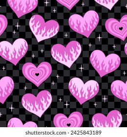 Y2k seamless pattern with pink hearts on checkered background. Vector glam design. 90s, 00s aesthetic.