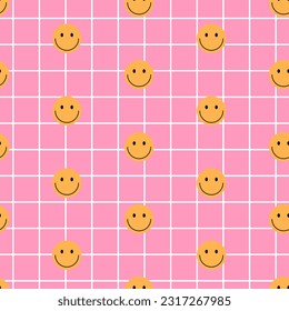 Y2k seamless pattern with smile faces on mesh background in trendy retro trippy 2000s style.