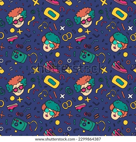 Y2k seamless pattern.  Trendy 90s and 80s seamless pattern with heads, sneakers and cool objects. Retro style background