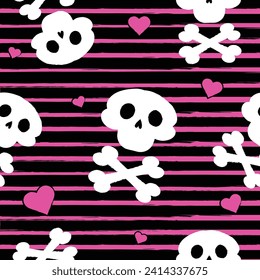 Y2k seamless pattern with white skulls . Vector background in trendy retro trippy 2000s style.Pink and black.Paintbrush.Crossbones.Gothic.Striped background.