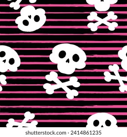 Y2k seamless pattern with white skulls . Vector background in trendy retro trippy 2000s style.Pink and black.Paintbrush.Crossbones.Gothic.Striped background.