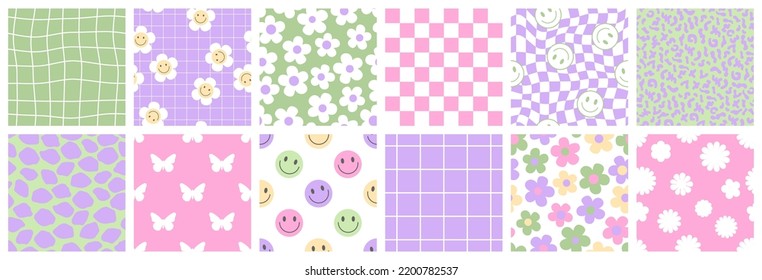 Y2k seamless patterns with butterfly, daisy, wave, chess, mesh, smile. Set of vector backgrounds in trendy retro trippy 2000s style. Lilac, pink and green color. Funny cute texture for surface design.
