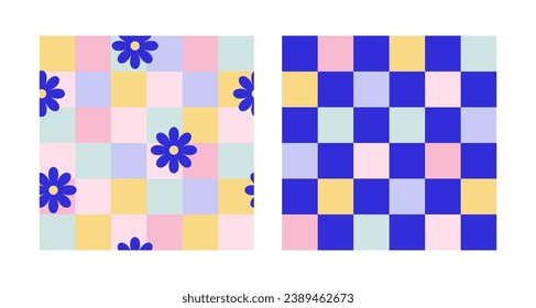 Y2k seamless patterns with daisies and chess. Set of vector backgrounds in trendy modern retro trippy 2000s style. Blue, lilac, pink and green color. Funny retro cute texture for surface design.