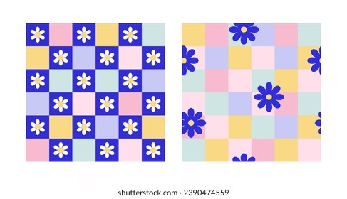 Y2k seamless patterns with daisies and chess. Set of vector backgrounds in trendy modern retro trippy 2000s style. Blue, lilac, pink and green color. Funny retro cute texture for surface design.