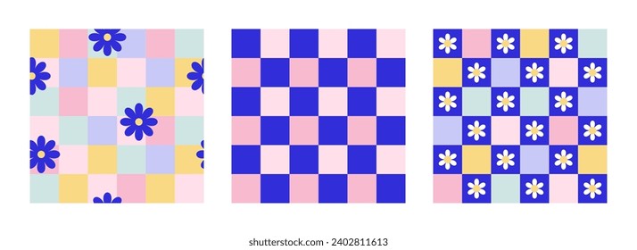 Y2k seamless patterns with daisies and chess. Vector background set in trendy modern retro trippy 2000s style. Blue, lilac, pink, and green colors. Funny retro cute textures for surface design.