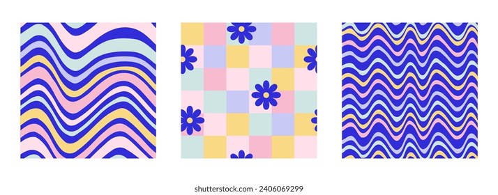 Y2k seamless patterns with daisies, wavy lines and chess. Set of vector backgrounds in trendy modern retro trippy 2000s style. Blue, lilac, pink color. Funny retro cute texture for surface design.