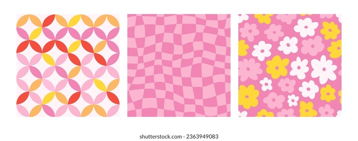 Y2k seamless patterns with daisy, geometric shapes and stars. Set of vector backgrounds in trendy retro trippy 2000s style. Red, pink and yellow colors. Funny cute texture for surface design.