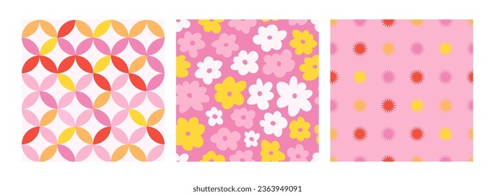 Y2k seamless patterns with daisy, geometric shapes and stars. Set of vector backgrounds in trendy retro trippy 2000s style. Red, pink and yellow colors. Funny cute texture for surface design.