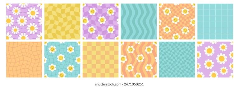 Y2k seamless patterns set. Daisy, wave, chess, mesh, smiling flowers. Backgrounds in trendy retro trippy 2000s style. Vector illustration