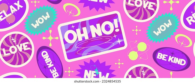 Y2k diseño ertro de fondo de emoticones sin fisuras. Pegatina con texto y sonrisa redonda. Patrón positivo de moda y2k. Etiqueta de color morado. Ilustración del vector