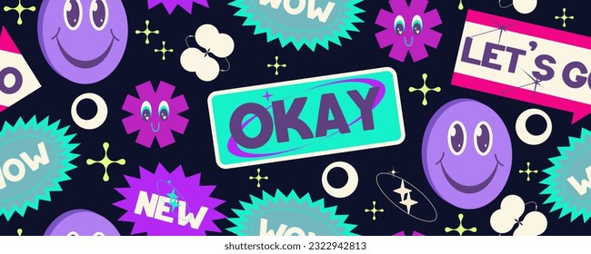 Y2k seamless sticker background rertro design. Sticker with text and round smile. Trendy y2k positive pattern. Collage purple label. Vector illustration