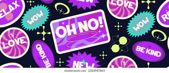 Y2k seamless sticker background rertro design. Sticker with text and round smile. Trendy y2k positive pattern. Collage purple label. Vector illustration