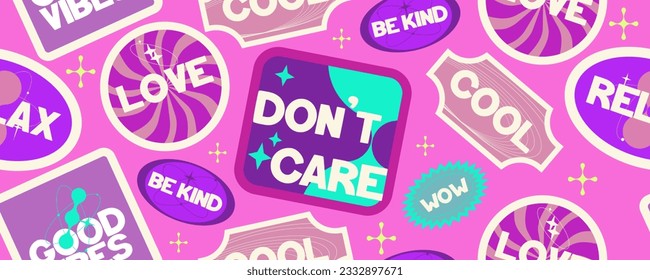 Y2k seamless sticker background rertro design. Sticker with text and round smile. Trendy y2k positive pattern. Collage purple label. Vector illustration