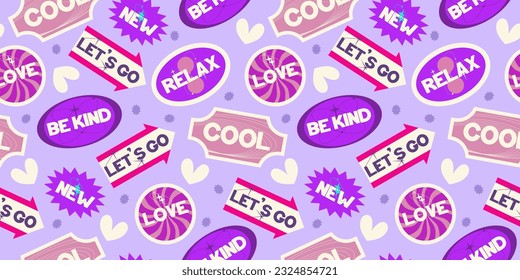 Y2k seamless sticker pattern rertro design. Sticker cool and love. Trendy y2k positive pattern. Collage purple and pink label on background. Vector illustration