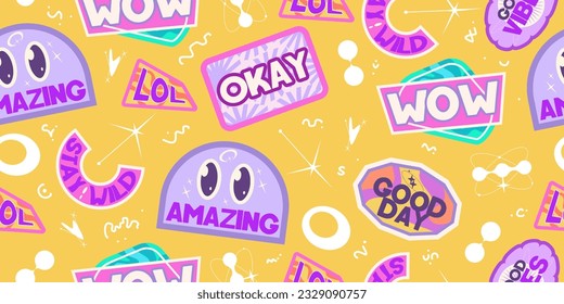 Y2k seamless sticker pattern rertro design. Sticker yellow cool design. Trendy y2k positive pattern. Collage purple and pink label on background. Vector illustration