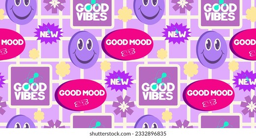 Y2k seamless sticker pattern rertro design. Sticker smile and with text. Trendy y2k positive pattern. Collage purple and pink label on background. Vector illustration
