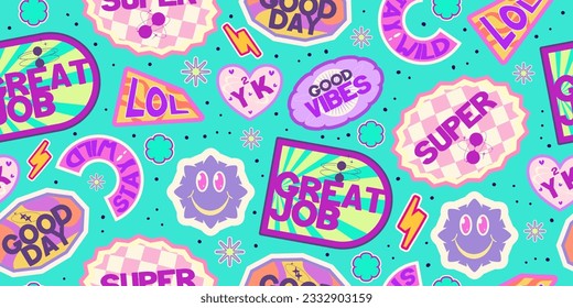 Y2k seamless sticker pattern retro design. Sticker flower cool design. Trendy y2k positive pattern. Collage purple and pink label on background. Vector illustration