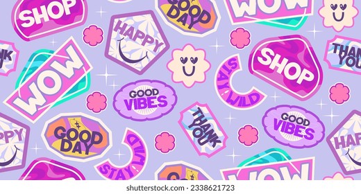 Y2k seamless sticker pattern retro design. Sticker flower cool design. Trendy y2k positive pattern. Collage purple and pink label on background. Vector illustration