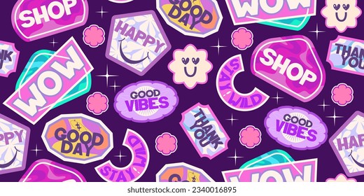 Y2k seamless sticker pattern retro design. Sticker flower cool design. Trendy y2k positive pattern. Collage purple and pink label on background. Vector illustration