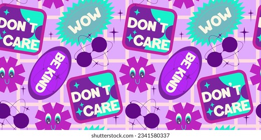 Y2k seamless sticker pattern retro design. Sticker flower and relax, wow. Trendy y2k positive pattern. Collage purple and pink label on background. Vector illustration