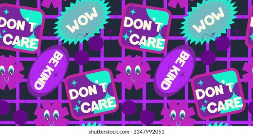Y2k seamless sticker pattern retro design. Sticker flower and relax, wow. Trendy y2k positive pattern. Collage purple and pink label on black background. Vector illustration