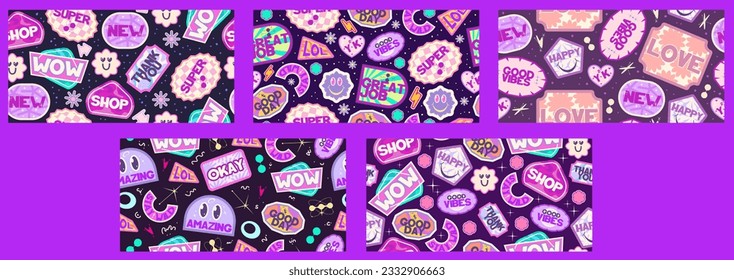 Y2k seamless sticker pattern set rertro design. Sticker flower cool design. Trendy y2k positive pattern. Collage purple and pink label on background. Vector illustration
