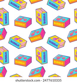 Y2k seamless vector pattern featuring colorful bubble gum, perfect for retro-themed designs, decor, and nostalgic backgrounds. 90s and 2000s aesthetic