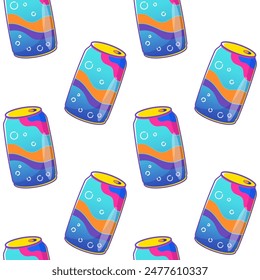 Y2k seamless vector pattern featuring colorful soda cans, perfect for retro-themed designs, decor, and nostalgic backgrounds. 90s and 2000s aesthetic