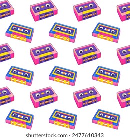 Y2k seamless vector pattern featuring colorful cassette tapes, perfect for retro-themed designs, decor, and nostalgic backgrounds. 90s and 2000s aesthetic