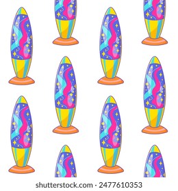 Y2k seamless vector pattern featuring colorful lava lamp, perfect for retro-themed designs, decor, and nostalgic backgrounds. 90s and 2000s aesthetic