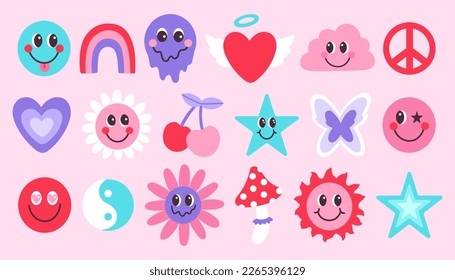 Y2k set. Collection on the theme of the 00s. Set of icons hearts, butterflies, badges and stickers. Glamorous vector illustration Y2k. Nostalgia for the 2000 years. Vector isolated illustrations