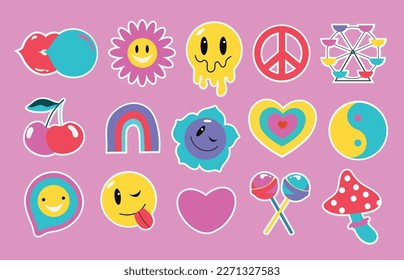 Y2k set. Collection on the theme of the 00s. Set of icons, hearts, rainbows, badges and stickers. Glamor Y2k vector illustration. Nostalgia for the 2000s. Vector isolated illustrations