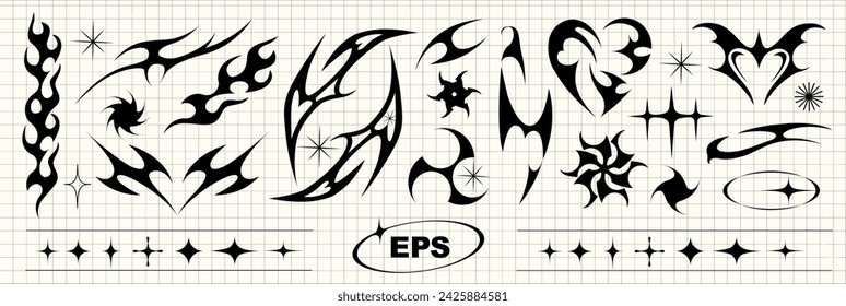 Y2k Set Graphic assets in futuristic style. Vector elements for design. Shapes for Posters Template, social media, flyers, media, sticker, Digital Collage. Black white tattoo.
