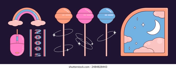 Y2K set of retro objects, design elements, stickers, lollipops and frames with sky picture. Vector illustration.