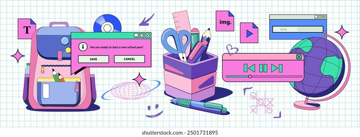 Y2K Set of school items painted in retro style in bright colors.A school Backpack, Globe and a Pen Holder are depicted together with the old screen of computer. Desktop screen and folders in 90s style