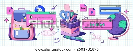 Y2K Set of school items painted in retro style in bright colors.A school Backpack, Globe and a Pen Holder are depicted together with the old screen of computer. Desktop screen and folders in 90s style