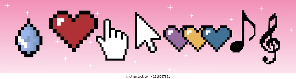y2k set of stickers. Pixel cursors, drop, heart, notes