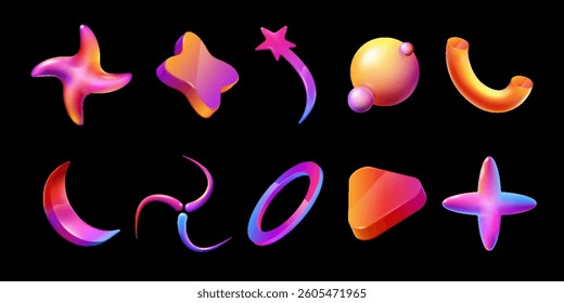 Y2K shape 3D geometric abstract elements collection. Neon colored futuristic icon set. Gradient colorful glossy objects.